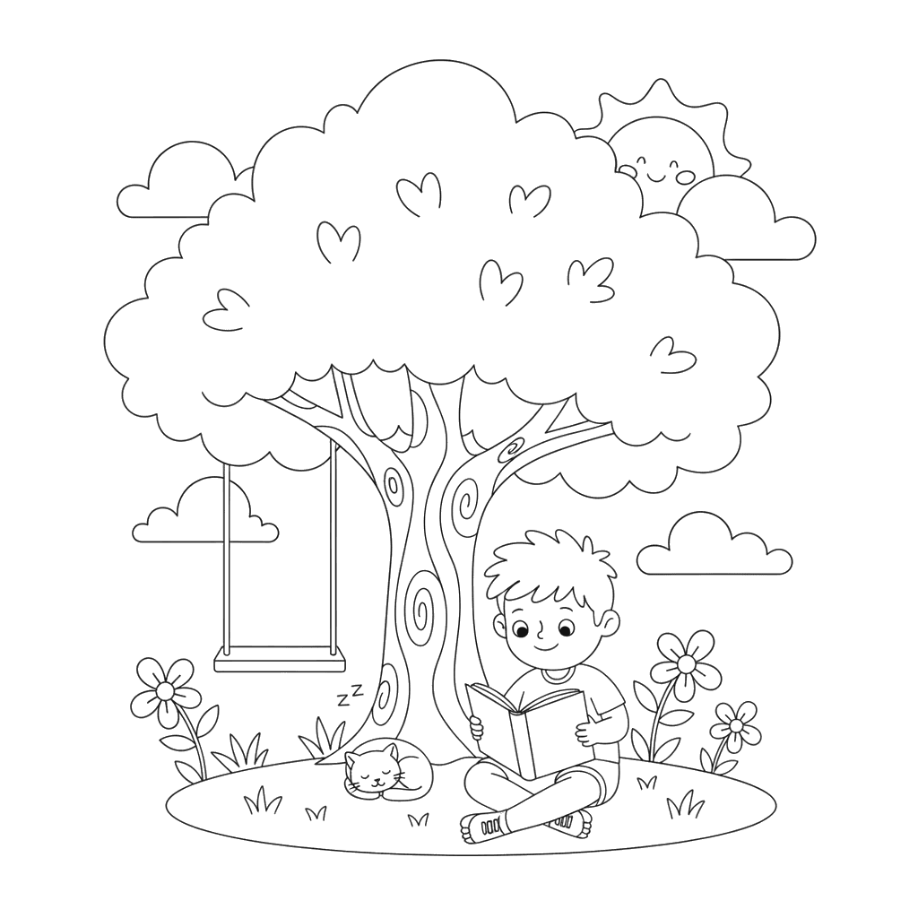 Boy Reading Book Under Tree Coloring Page