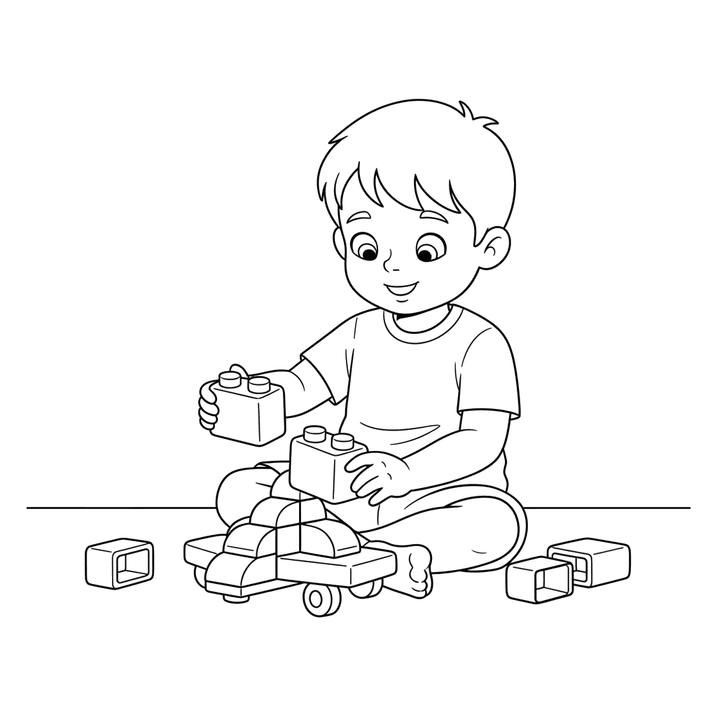 Boy Building Blocks Coloring Page