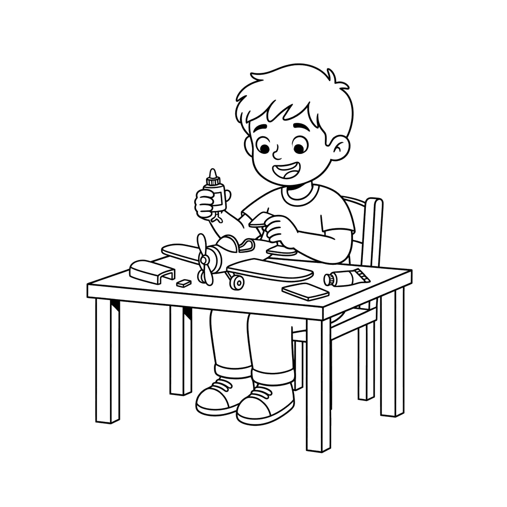 Boy Building a Model Airplane Coloring Page