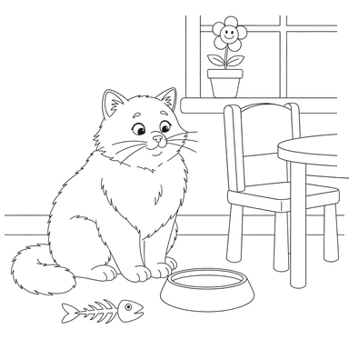 Ausmalbild Flauschige Katze beim Frühstück