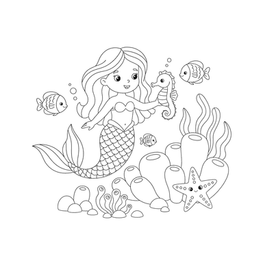 Mermaid and Seahorse Swim Coloring Page