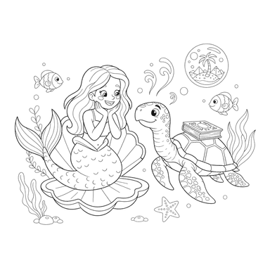 Mermaid and Wise Turtle Coloring Page